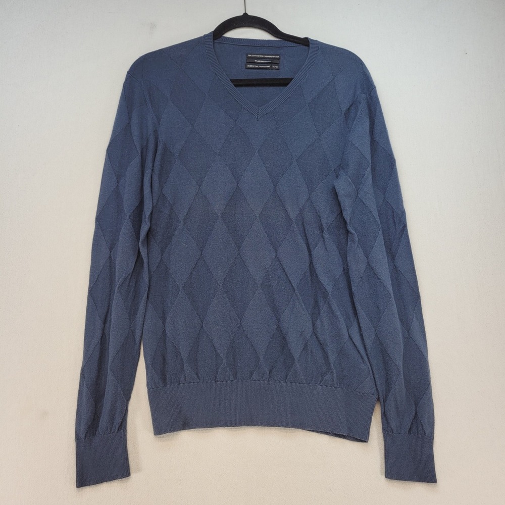 Club Monaco Sweater‎ Mens Medium Blue Cotton Cashmere Silk Argyle V-Neck Knit